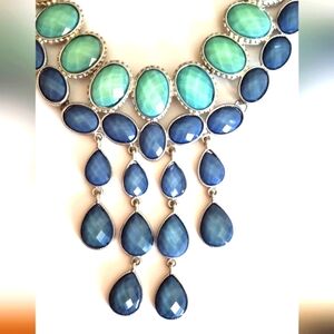Blue Green Statement Necklace With Silver Toned Chain EUC